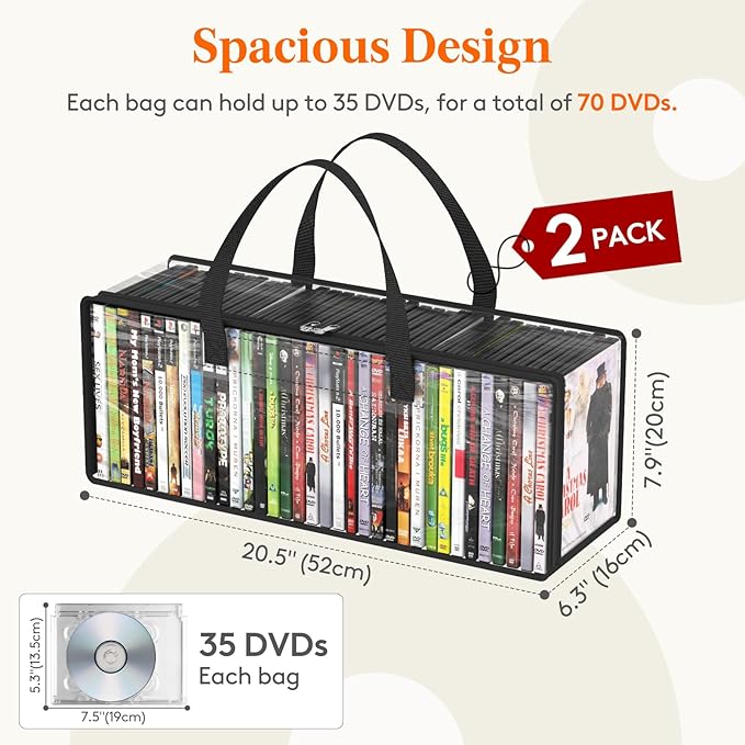 Lifewit DVD Storage Bags, Clear PVC DVD Case Holder with Handles, Front Window Zipper Design, Stackable Media Organizer for Blu Ray Disc, Movie Cases, VHS Box, Hold 70 Pcs DVDs (35 Each), 2 Pack