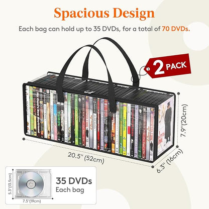 Lifewit DVD Storage Bags, Clear PVC DVD Case Holder with Handles, Front Window Zipper Design, Stackable Media Organizer for Blu Ray Disc, Movie Cases, VHS Box, Hold 70 Pcs DVDs (35 Each), 2 Pack