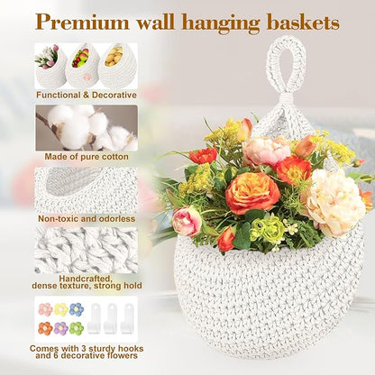 Boho Hanging Fruit Baskets for Kitchen with Hooks and Deco Flowers, 3 Pack handwoven Cotton hanging basket, Wall Basket for Vegetable Potato Onion Home Produce Storage (white)