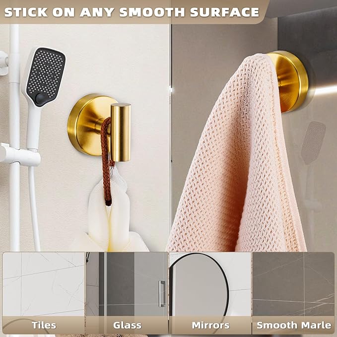Fenas Suction Cup Hooks for Shower - Bathroom Reusable Hooks for Towels, Robes & Loofah - No-Drill Mounting on Kitchen,Walls,Metal,Glass,Mirrors,Tile & Smooth Non-Porous Surfaces (4, Brushed Gold)