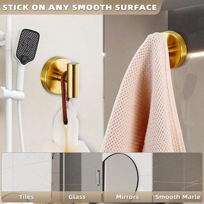 Fenas Suction Cup Hooks for Shower - Bathroom Reusable Hooks for Towels, Robes & Loofah - No-Drill Mounting on Kitchen,Walls,Metal,Glass,Mirrors,Tile & Smooth Non-Porous Surfaces (4, Brushed Gold)