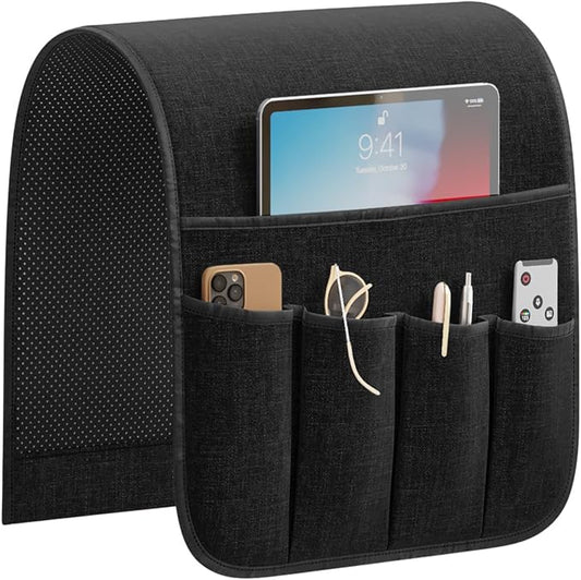 Sixyotie Sofa Armrest Organizer Non-Slip Remote Control Holders for Recliner Couch Chair Armchair Caddy with 5 Pockets for Table,Cell Phone,Ipad,Magazines,Books (13x35In, Black)