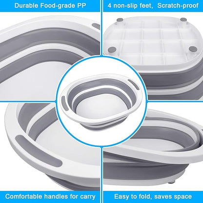 BBQ Prep Tub with Lid, Collapsible Wash Basin 7.5L Dish Tub Sink Basin, 2-in-1 Cutting Board Foldable Dish Pans for Kitchen Sink Camping Picnic Fruits Washing Smoker RV Accessories Kitchen Gadgets