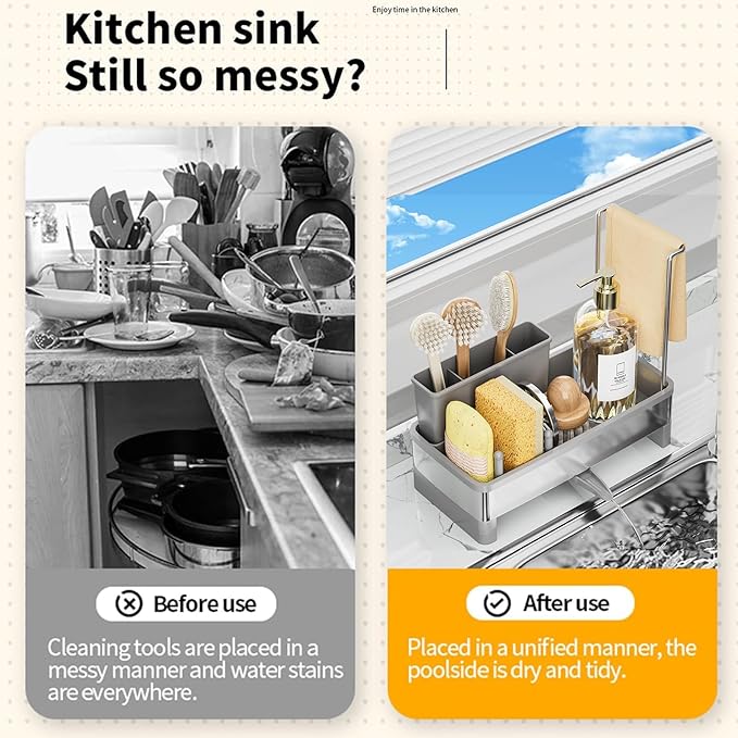 SOVGIZF Sponge Holder for Kitchen Sink,Sink Caddy Organizer with Removable Brush Holder,Kitchen Countertop Soap Dispenser Storage with Detachable Towel Rack, Grey
