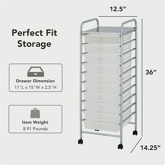 Display By Jack Rolling Storage Cart 10 Drawer Organizer with White Drawers, Slim 36" Chrome Frame, Locking Wheels, and Top Shelf for Office, Classroom, Bathroom, or Craft Storage