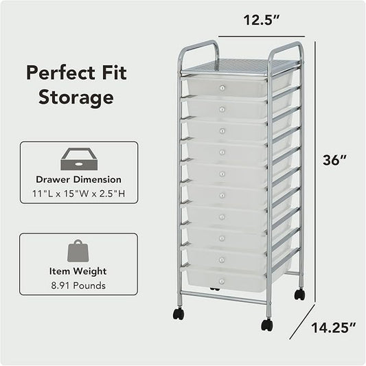 Display By Jack Rolling Storage Cart 10 Drawer Organizer with White Drawers, Slim 36" Chrome Frame, Locking Wheels, and Top Shelf for Office, Classroom, Bathroom, or Craft Storage