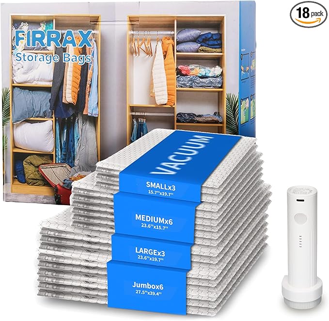 FIRRAX 18 Pack Travel Vacuum Storage Bags with Electric Pump, Vacuum Seal Space Saver Bags for Clothing (6J+3L+6M+3S), Compression Packing Bags for Clothes, Bedding,Travel & Organization