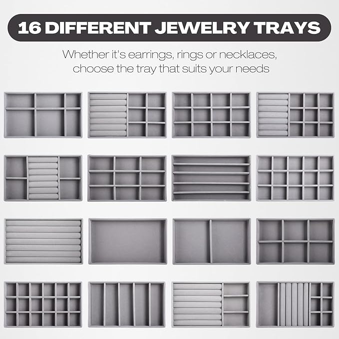 Landical 16 Pcs Stackable Jewelry Organizer for Drawer Velvet Jewelry Tray with Dividers Earring Holder & Ring Display Box Fits 8.4 x 5 x 1 Drawer Necklace Storage for Women, Girls,16 Styles (Grey)