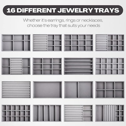Landical 16 Pcs Stackable Jewelry Organizer for Drawer Velvet Jewelry Tray with Dividers Earring Holder & Ring Display Box Fits 8.4 x 5 x 1 Drawer Necklace Storage for Women, Girls,16 Styles (Grey)