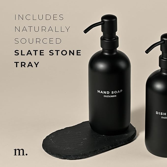 MaisoNovo Soap Dispenser 3-Piece Set | 16.9oz Black Bottles with Black Stainless Steel Pump Core