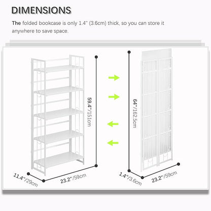 4NM No Assembly 5 Tiers Folding Bookshelf, 59.4" H Foldable Storage Shelves Vintage Bookcase Standing Racks Study Organizer Home Office - All White