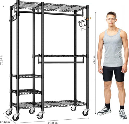 Rolling Heavy Duty Clothes Racks for Hanging Clothes, Portable Garment Clothing Rack with Shelves Double Rods and Side Hooks, Freestanding Wardrobe Closet Organizer Storage, 45"X17.1"X76.4"