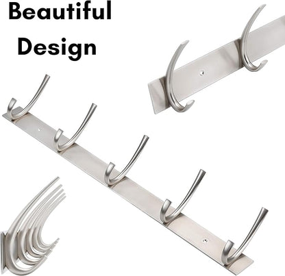 BIRDROCK HOME Premium 5-Hook Stainless Steel Coat and Hat Rack for Wall - Front Door Organizer - Mounted Hanger for Jackets, Clothes, Hats, Towel - Silver Dual Hooks - Brushed Nickel Finish