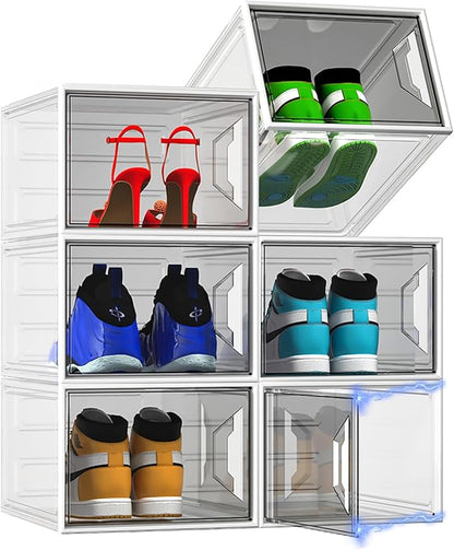 ADTO X-Large Stackable Shoe Boxes - Clear Plastic Shoe Storage Boxes with Magnetic Door, Thicken Shoe Organizer for Closet, Space Saving Foldable Shoe Containers Bins for Sneaker Boot - 6 Pack(White)