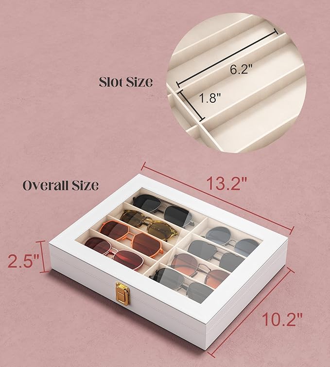 sensok Sunglasses Organizer Storage Box - 10 Slots Eyeglass Display Case for Multiple Pair Glasses, Sunglass Holder with Clear Glass Lid, Jewelry and Watch Collection Box for Women and Men, White