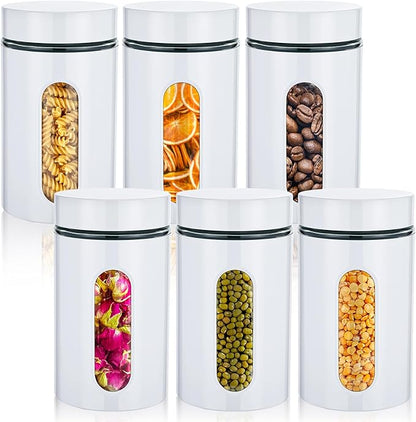 Mimorou 6 Pack Kitchen Canisters Set Airtight Coffee Sugar Tea Storage Jars with Window Glass Stainless Steel Containers with Lids for Flour Cookies Spices Grains Kitchen Decorations(White,32 oz)