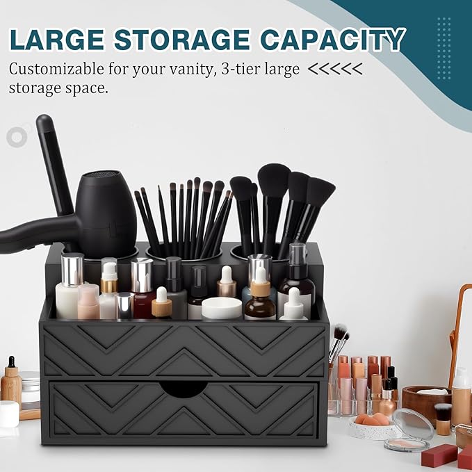 AceOrbit Hair Tool Organizer with Drawer, Hair and Makeup Bathroom Vanity Organizers and Storage Fits Blow Dryer, Curling Iron, Makeup Brushes, Skincare, Hot Tools Organizer for Tidy Counter(Black)