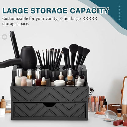 AceOrbit Hair Tool Organizer with Drawer, Hair and Makeup Bathroom Vanity Organizers and Storage Fits Blow Dryer, Curling Iron, Makeup Brushes, Skincare, Hot Tools Organizer for Tidy Counter(Black)