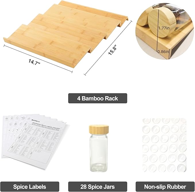 KitHero Spice Drawer Organizer with 28 Bamboo-lidded Spice Jars,216 Labels,25 Non-slip Rubber, Bamboo 4 Tier Seasoning Rack Tray Insert for Kitchen Drawers,Cabinets,Countertop,14.6" Wide x 15.8" Deep
