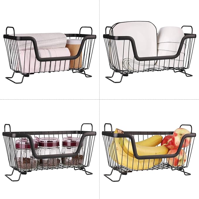 LOTTS Stackable wire basket, Metal Pantry basket, Storage Organizer Bin with Handles, Fruit basket for Kitchen Cabinets, Pantry, Closets, Bedrooms, Bathrooms (12.6×6.5×7.6")- 2 Pack