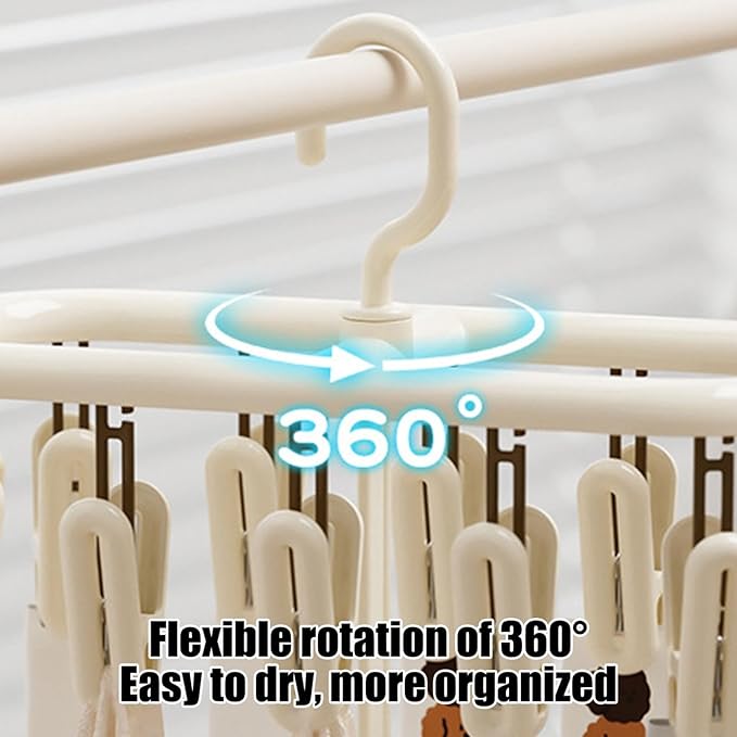 Beige Socks Drying Rack, Foldable Multifunctional Clothes Hanger with 12 or 20 Clips, Plastic, Space-Saving for Socks, Underwear, Gloves, Towels, Rotatable Hook for Easy Hanging (20 Clips)