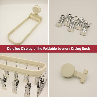 Foldable Laundry Drying Rack with 15 Clips, Wall Mount Suction Cup Hanger for Socks Undergarments Towels, Space Saving Clothes Organizer, Cream White
