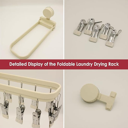 Foldable Laundry Drying Rack with 15 Clips, Wall Mount Suction Cup Hanger for Socks Undergarments Towels, Space Saving Clothes Organizer, Cream White