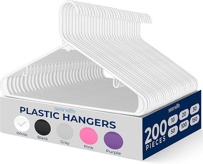 SereneLife White Plastic Hangers 200 Pcs, Durable Hanger Set with Slip Design, Tubular Hangers with 2 Integrated Strap Hooks, Mega Pack for Clothes