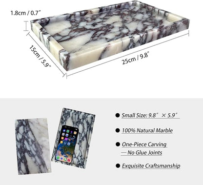 OAIQNUJ Natural Marble Vanity Tray, 9.8"x5.9" Genuine Calacatta Viola Marble Tray for Bathroom/Kitchen/Dresser