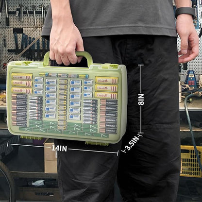 Battery Organizer Storage Holder Box Case with Tester- 269 Batteries Double-Sided Variety Pack, Holds AA AAA 4A C D Cell 9V 3V Lithium LR44 CR2 CR123 CR1632 18650 Button- Green (Box Only)
