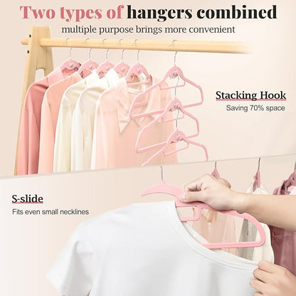 UEAKPIC Velvet Hangers 50 Pack, S-Shaped and Stackable Non Slip with 360°Swivel Hook, Ultra Thin and Space Saving Flocked, for Suits, Shirts, Coats, 15Lbs Capacity Heavy Duty, Pink