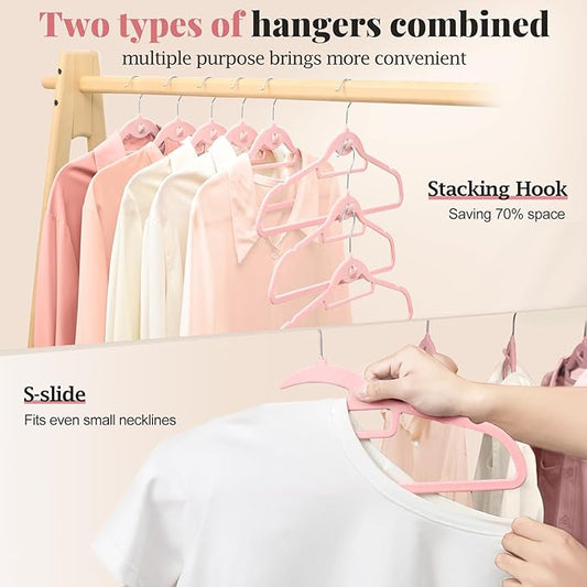 UEAKPIC Velvet Hangers 50 Pack, S-Shaped and Stackable Non Slip with 360°Swivel Hook, Ultra Thin and Space Saving Flocked, for Suits, Shirts, Coats, 15Lbs Capacity Heavy Duty, Pink
