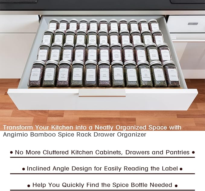 Angimio Bamboo Spice Rack Drawer Organizer - 8 Pieces Set- 10" Wide Per Piece - Combine Pieces Into 20" Wide Rack (10" or 20")