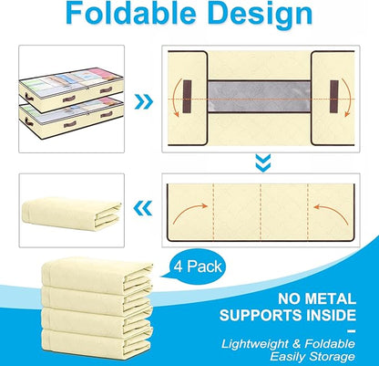 90L Under Bed Storage Containers, Closet Organizers and Storage Bins, Foldable Underbed Storages Bags for Blankets, Towels, Comforter, Sweaters, Pillows, Linen Sheets, Wrapping Paper, 4 Pack Beige