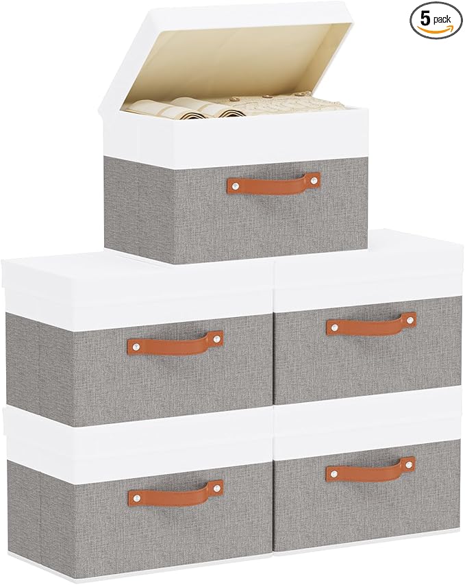 5 Pack Storage Bins with Lids, Linen Foldable Collapsible Boxes, 15 x 9.8 x 9.8 Inch Storage Baskets with Handles for Shelves, White and Grey
