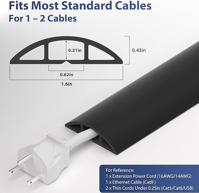ZhiYo 3.6ft Cord Covers for Wires on Floor, Cord Hider Floor Hide Extension Cords, Soft PVC Cable Cover Cable Protector, Wire Cavity W0.62in H0.31in, Black