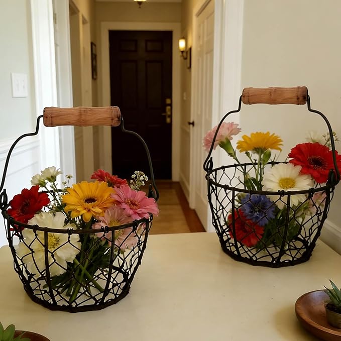 TAIANLE.Small Wire Egg Collecting Basket with Handle,Mini Metal Easter Quail Hunt Egg Basket for Gathering Fresh Egg,Round Farmhouse Vintage Countertop Holder,2 PCS