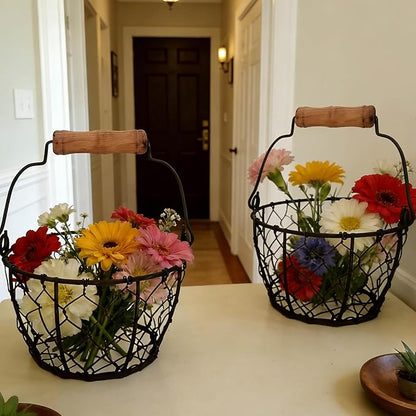 TAIANLE.Small Wire Egg Collecting Basket with Handle,Mini Metal Easter Quail Hunt Egg Basket for Gathering Fresh Egg,Round Farmhouse Vintage Countertop Holder,2 PCS