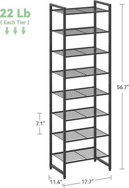 Narrow Shoe Rack, 8-Tier Metal Shoe Organizer,Tall Shoe Shelf with Anti-Tip Strap, Max Holds 18 Pairs,Space Saving for Closet,Entryway,Black