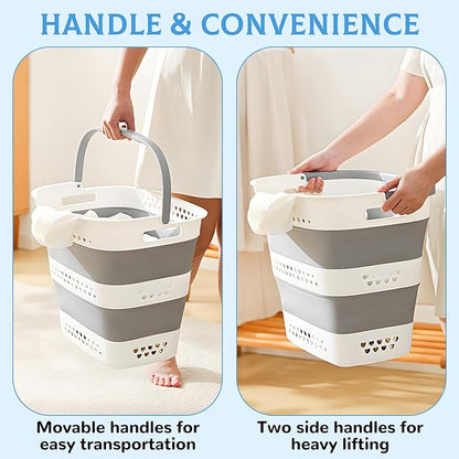 2 Pcs Collapsible Laundry Baskets for Dirty Clothes, 43L Plastic Laundry Hamper for Dorm Bedroom, Space Saving Pop-Up Laundry Hamper Container, Durable Foldable Laundry Basket with Handles (Grey)
