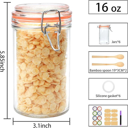 Flrolove 16 oz Glass Jars with Airtight Lid, Set of 6 Mason Jars 16 oz, Glass Storage Jars, Airtight Glass Jars, Canning Jar，Glass Canister with Seal for Pickle, Vanilla, Cookie, Jelly