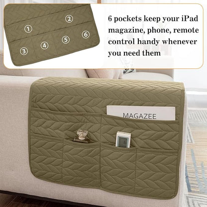 HADEEONG Sofa Armrest Organizer Arm Chair Caddy for Recliner, Remote Control Holder for Recliner, Non-Slip Armchair Caddy with 6 Pockets Storage for Magazine, Tablet, Phone, Dark Khaki