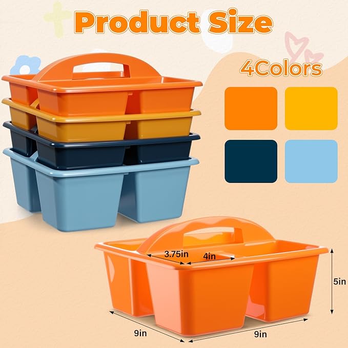 Kathfly 4 Pack Caddy Organizer with Handle, Stackable Organization Storage, Small Plastic Basket Classroom Caddy for Table Desk Office Pencil Kids Room Craft Art Teacher School Supplies (Blue Orange)