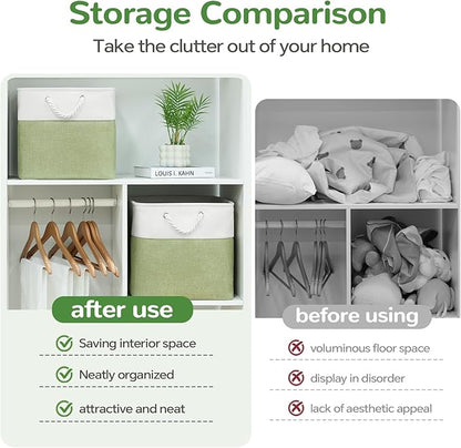 12 x 12 Inch Cube Storage Bins, 4 Pack Fabric Storage Basket with Handles, Foldable Boxes Organizer for Shelf Baskets for Home, Clothes (White/Green)