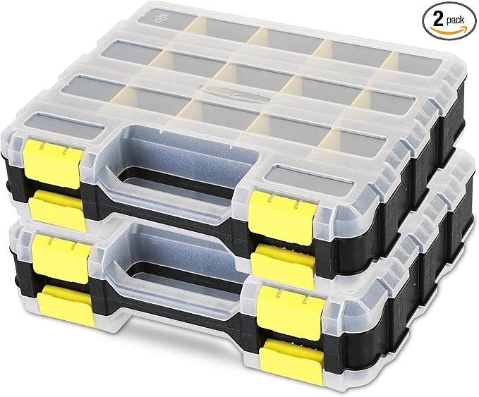 Small Parts Organizer 2 Pack | Storage Case Tools Box 34-Compartments Double Side Organizer Box with Removable Dividers for Small Hardware, Screws, Bolts, Nuts, Nails, Beads (Yellow)