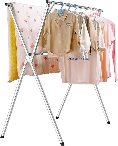 funest Drying Rack Clothing, 79 Inches Adjustble & Foldable Laundry Drying Rack, Heavy Duty Stainless Steel Clothes Drying Rack with 20 Hooks, 12 Clips, Suitable for Indoor, Outdoor and Balcony