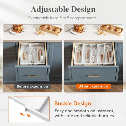 Lifewit Cooking Utensil Drawer Organizer, Expandable from 11 to 18 inches, Adjustable Cutlery Silverware Tray, Plastic Flatware Spatula Holder, Kitchen Tools Gadgets Storage Divider, White