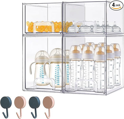 Baby Bottle Organizer-4 Pack Stackable Storage Drawers, Baby Organizers and Storage with Hooks, Clear Acrylic Multipurpose Bottle Storage for Countertop,Kitchen,Cabinet,Vanity,Bathroom