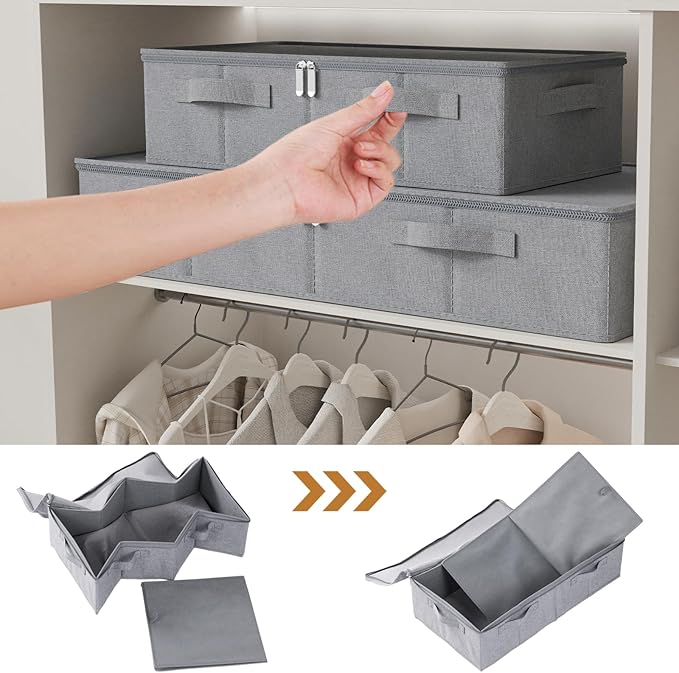 ENUMAIL Underbed Storage Bin, Foldable Under Bed Flat Baskets Organizer, Container boxes with Lid for Organizing Clothes, Sheets, Blankets, Comforter, 31.4x15.7x5.9in, Grey, 2 Pack