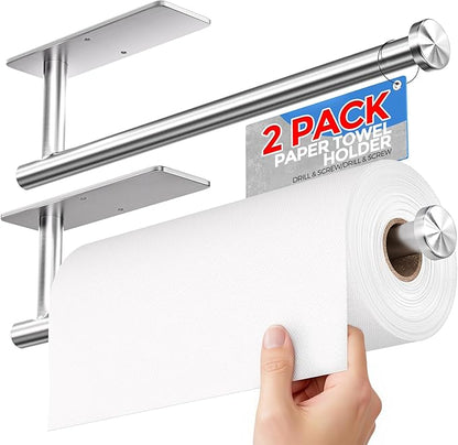 zaa Paper Towel Holder - 2 Pack Under Cabinet Paper Towel Holder, Fits Mega Paper Towel Rolls, Wall Mount Rack for Kitchen, Bathroom, RV, Adhesive or Screw Installation, Silver
